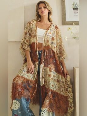 OF1- Boho Lace Patchwork Duster Kimono in Rust & Cream